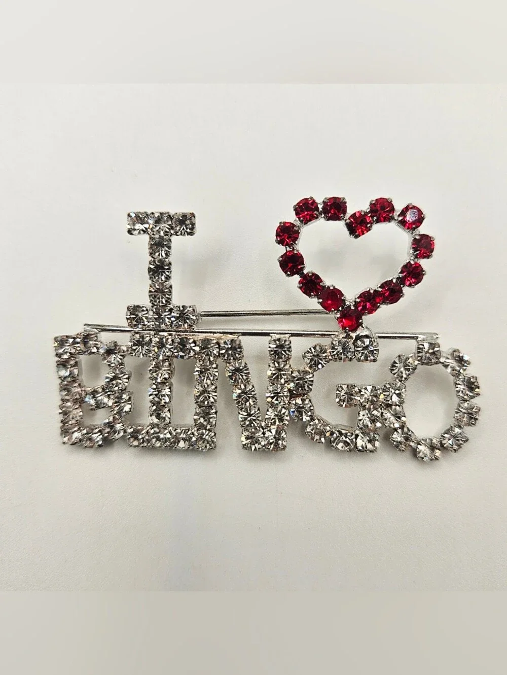 Vintage I Love Bingo Rhinestone Brooch Pin Red Heart Crystal Silver Tone Novelty